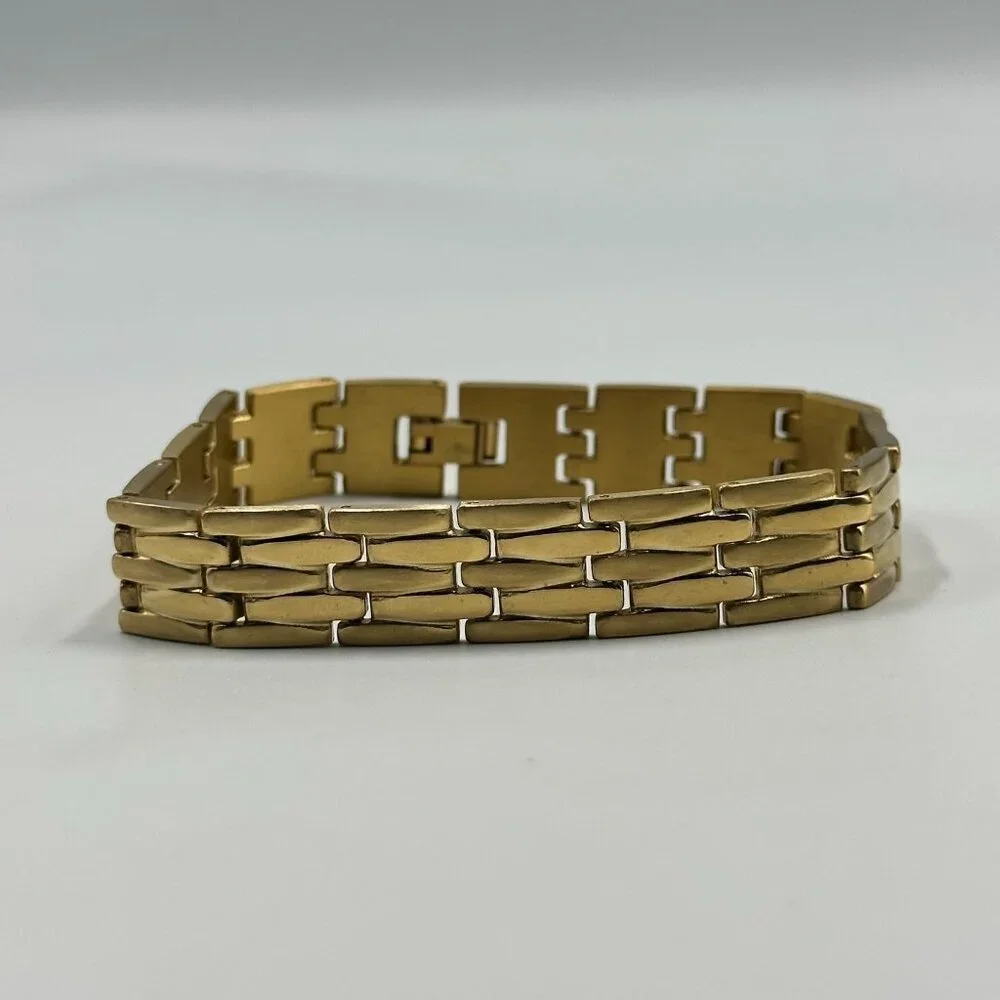 Stainless Steel Bracelet Men Gold Tone Brick Link Pattern 8.5 Inch